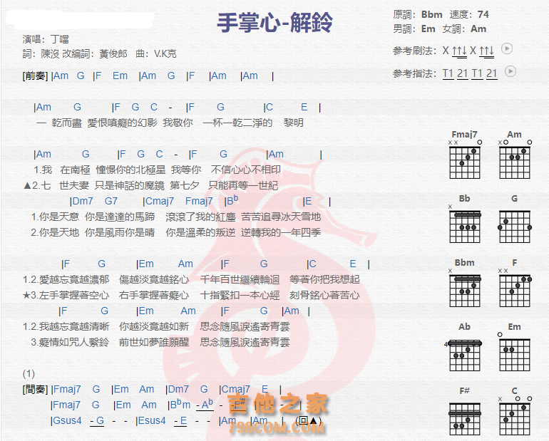 《手掌心-解铃吉他谱》_丁当_吉他图片谱2张 图1