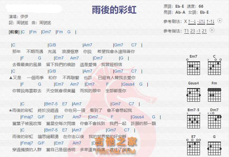 《雨后的彩虹吉他谱》_伊伊_吉他图片谱2张 图1