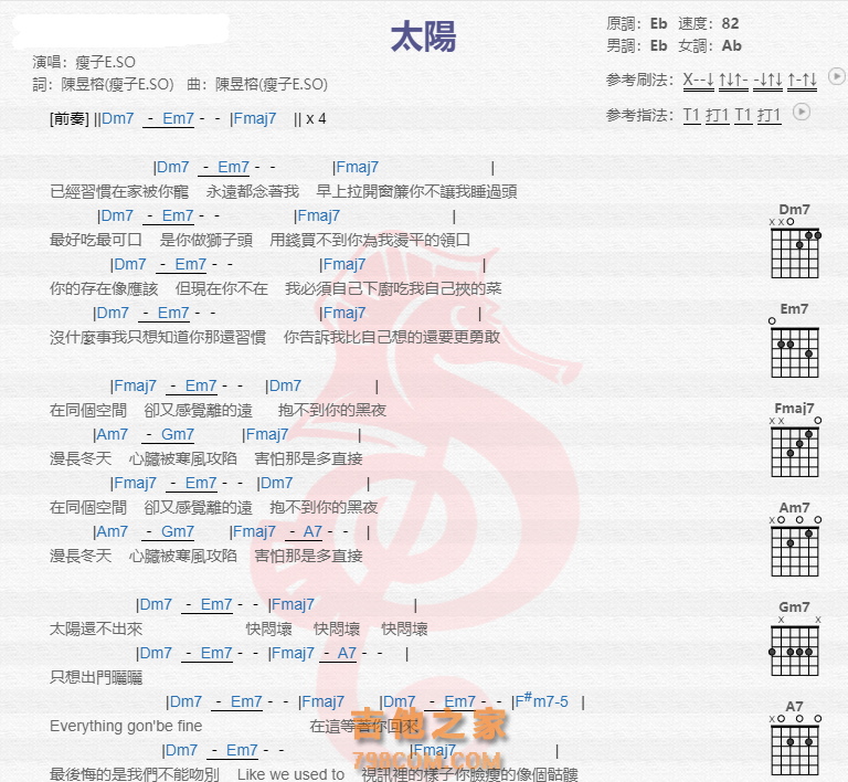 《太阳吉他谱》_瘦子E.SO_吉他图片谱2张 图1