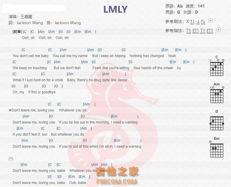 《LMLY吉他谱》_王嘉尔_吉他图片谱2张 图1