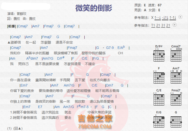 《微笑的倒影吉他谱》_曾静玟_吉他图片谱2张 图1