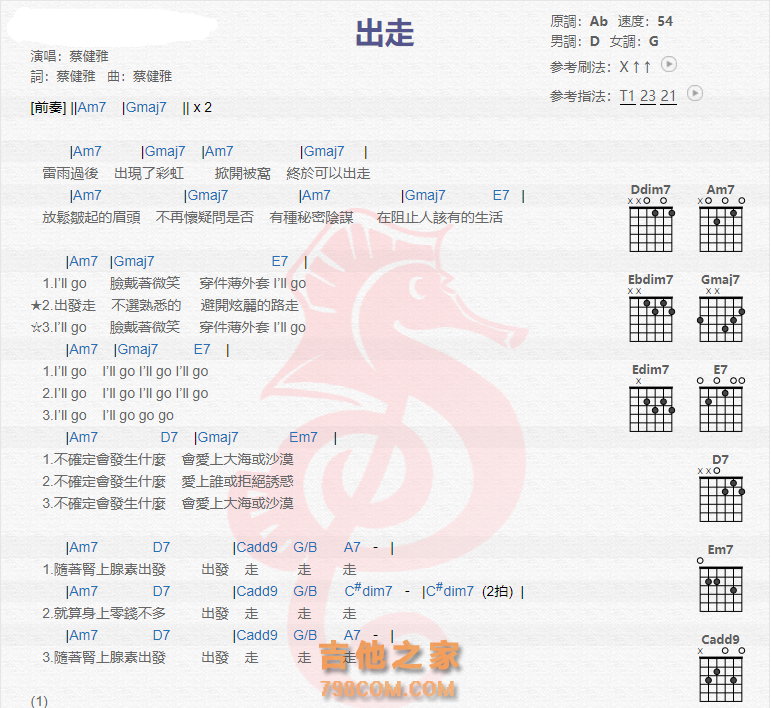 《出走吉他谱》_蔡健雅_吉他图片谱2张 图1