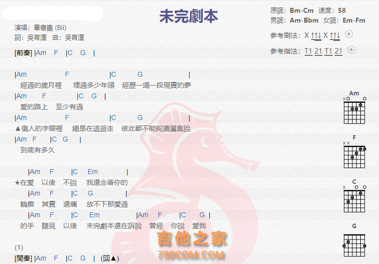 《未完剧本吉他谱》_毕书尽_吉他图片谱2张 图1