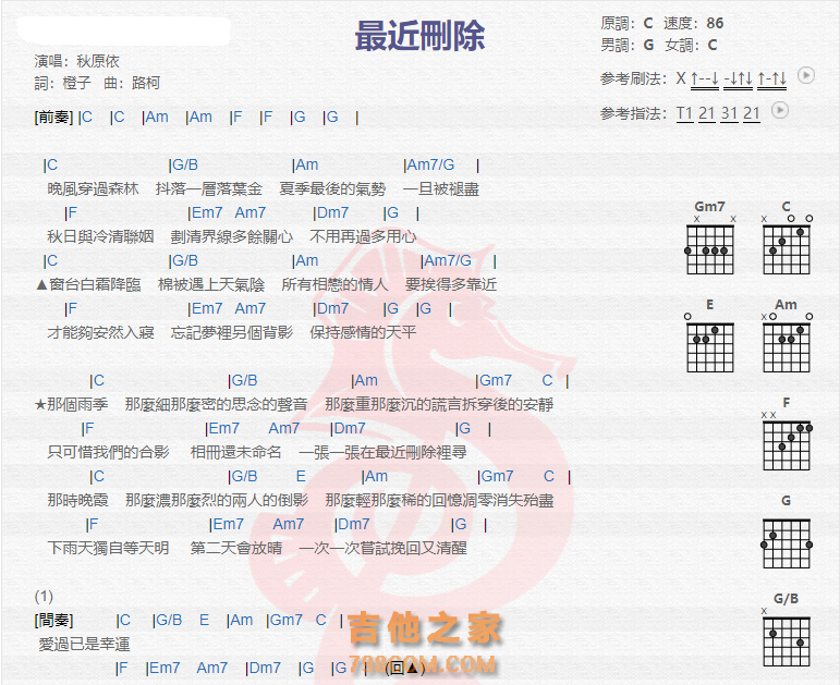 《最近刪除吉他谱》_秋原依_吉他图片谱2张 图1