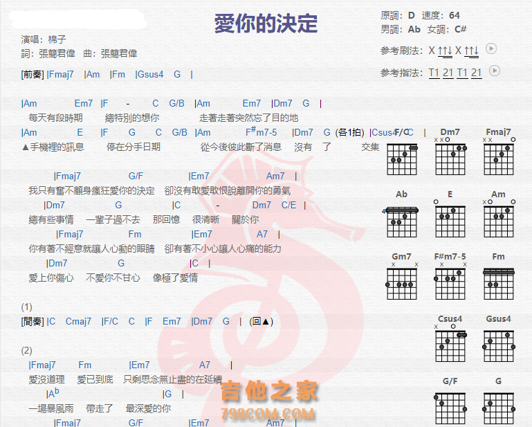 《爱你的决定吉他谱》_棉子_吉他图片谱2张 图1