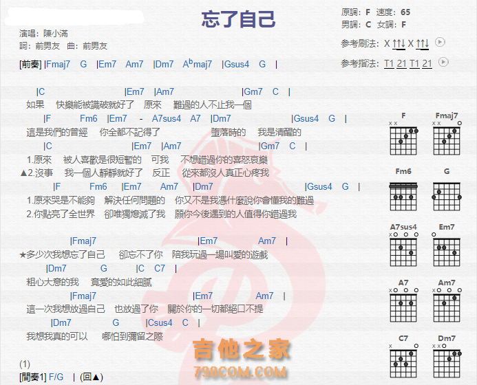 《忘了自己吉他谱》_陈小满_吉他图片谱2张 图1