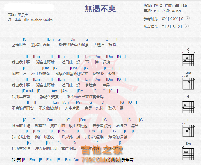 《无渴不爽吉他谱》_华晨宇_吉他图片谱2张 图1
