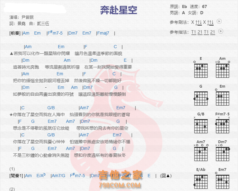 《奔赴星空吉他谱》_尹昔眠_吉他图片谱2张 图1