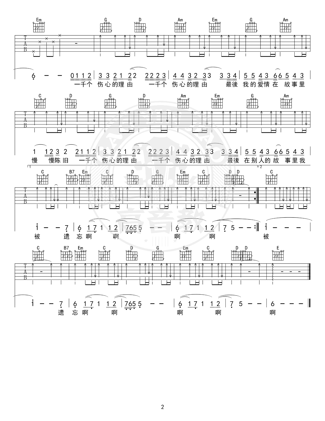 《一千个伤心的理由吉他谱》_张学友_简单版_G调_吉他图片谱2张 图2