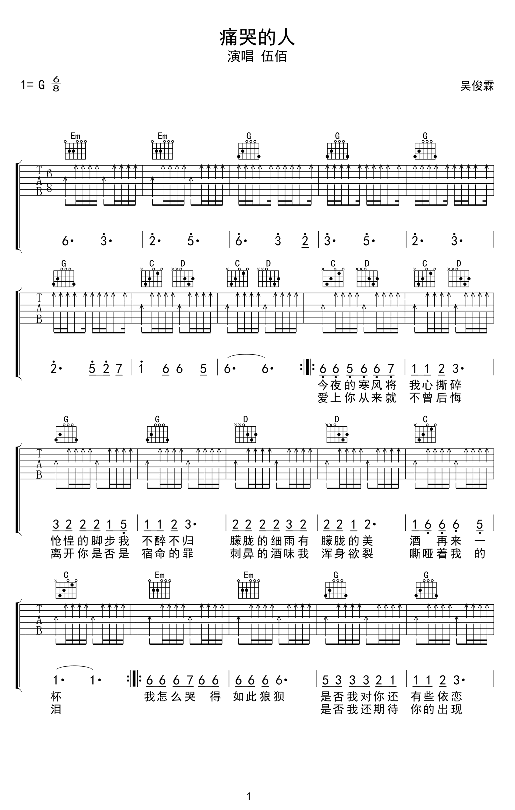 《痛哭的人吉他谱》_伍佰_G调_吉他图片谱3张 图1