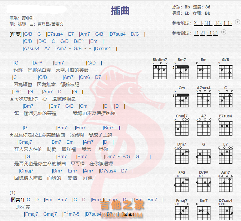 《插曲吉他谱》_萧亚轩_吉他图片谱2张 图1