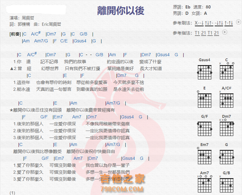 《离开你以后吉他谱》_周兴哲_吉他图片谱2张 图1