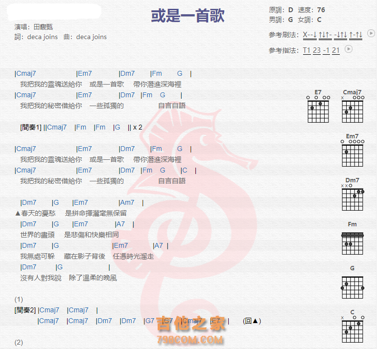 《或是一首歌吉他谱》_田馥甄_吉他图片谱2张 图1