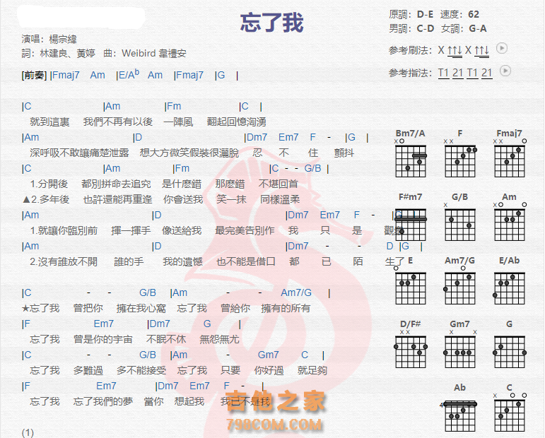 《忘了我吉他谱》_杨宗纬_吉他图片谱2张 图1