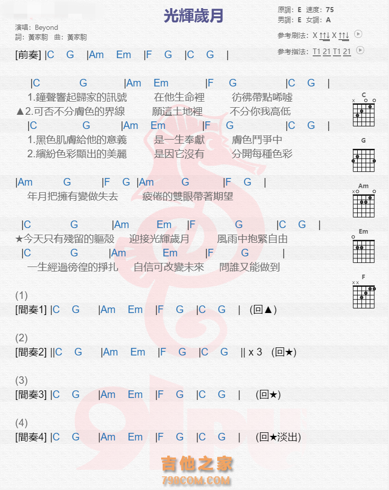 《光辉岁月吉他谱》_beyond_吉他图片谱1张 图1