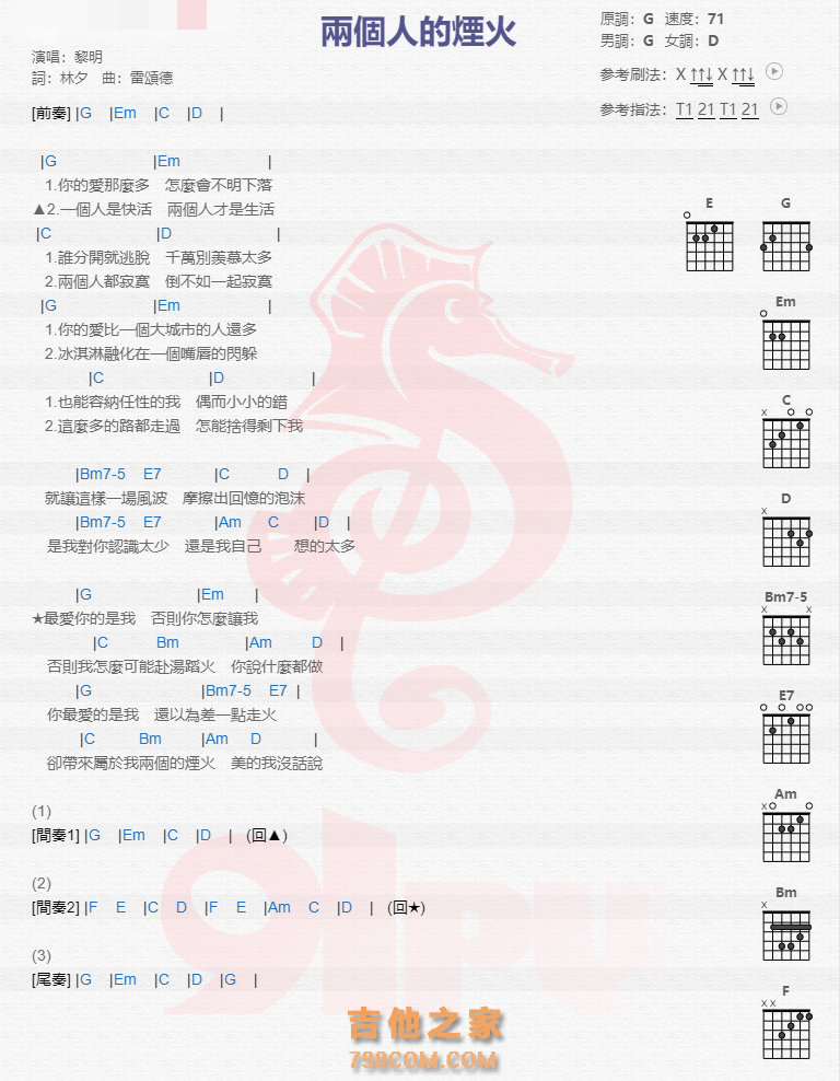 《两个人的烟火吉他谱》_黎明_吉他图片谱1张 图1