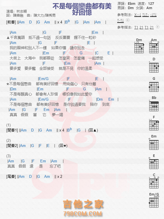 《不是每个恋曲都有回忆吉他谱》_林志颖_吉他图片谱1张 图1