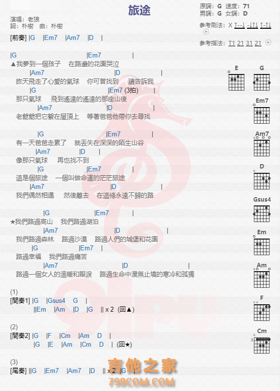 《旅途吉他谱》_老狼_吉他图片谱1张 图1