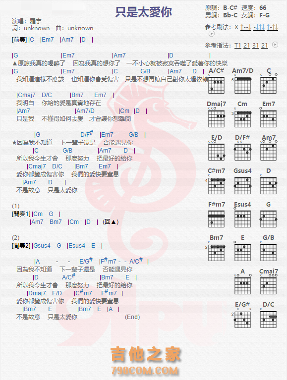 《只是太爱你吉他谱》_罗宇_吉他图片谱1张 图1