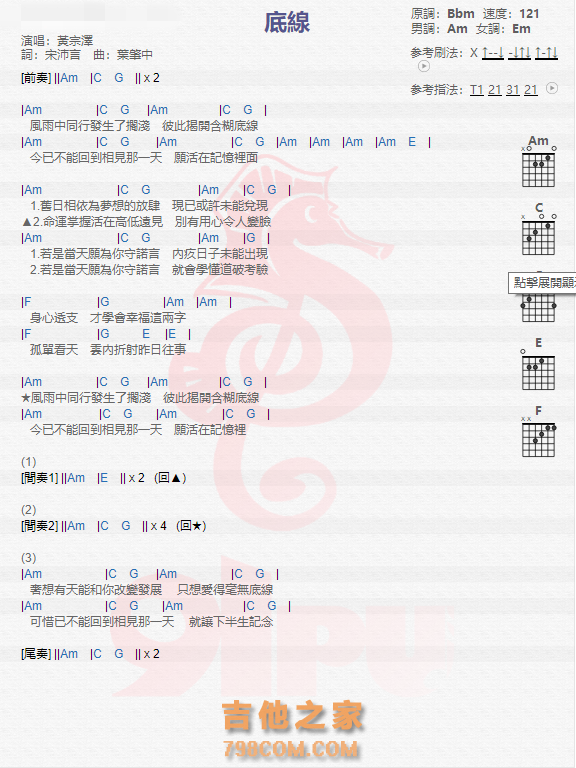 《底线吉他谱》_黄宗泽_吉他图片谱1张 图1