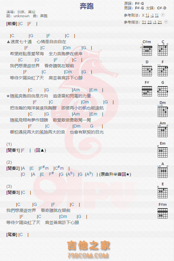 《奔跑吉他谱》_黄征_吉他图片谱1张 图1