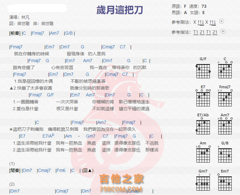 《岁月这把刀吉他谱》_林凡_吉他图片谱2张 图1