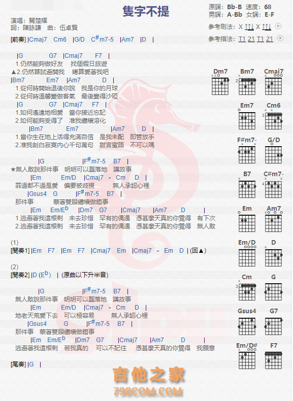 《只字不提吉他谱》_关楚耀_吉他图片谱2张 图1