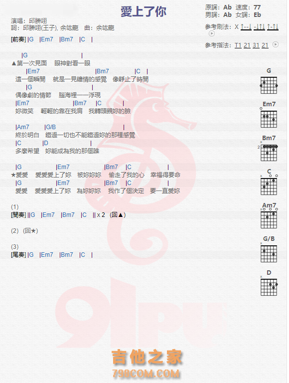 《爱上了你吉他谱》_邱胜翊_吉他图片谱1张 图1