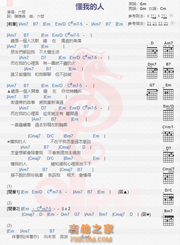 《懂我的人吉他谱》_六哲_吉他图片谱1张 图1