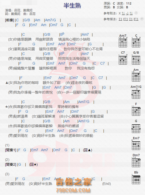 《半生熟吉他谱》_品冠_吉他图片谱1张 图1