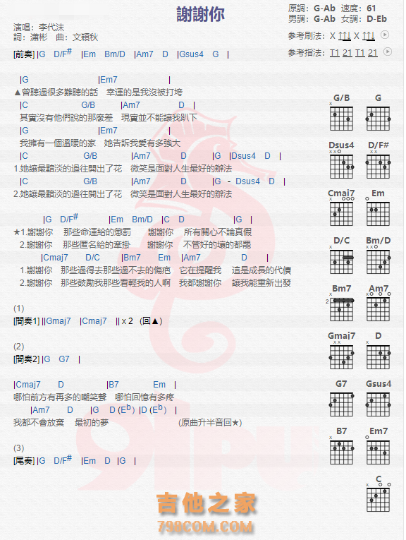 《谢谢你吉他谱》_李代沫_吉他图片谱1张 图1