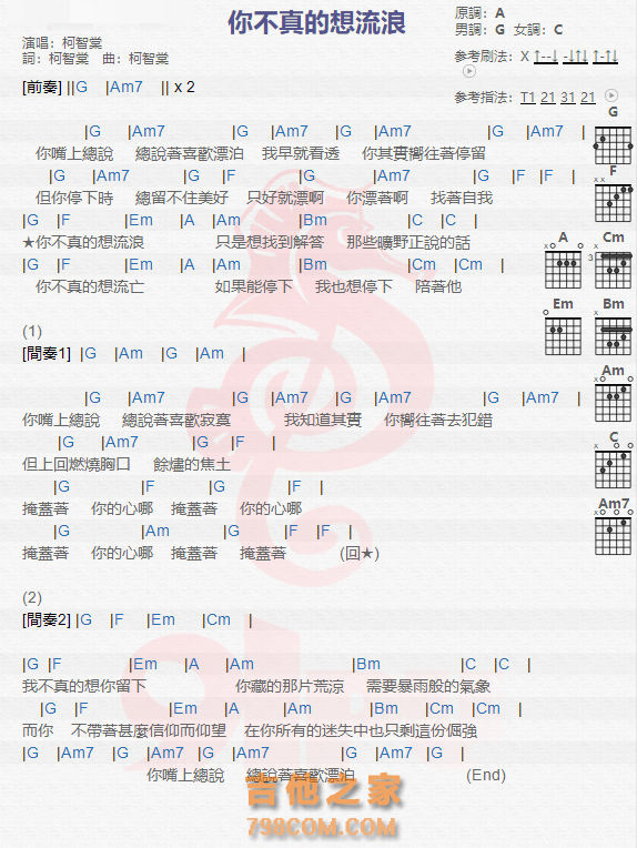 《你不真的想流浪吉他谱》_柯智棠_吉他图片谱1张 图1