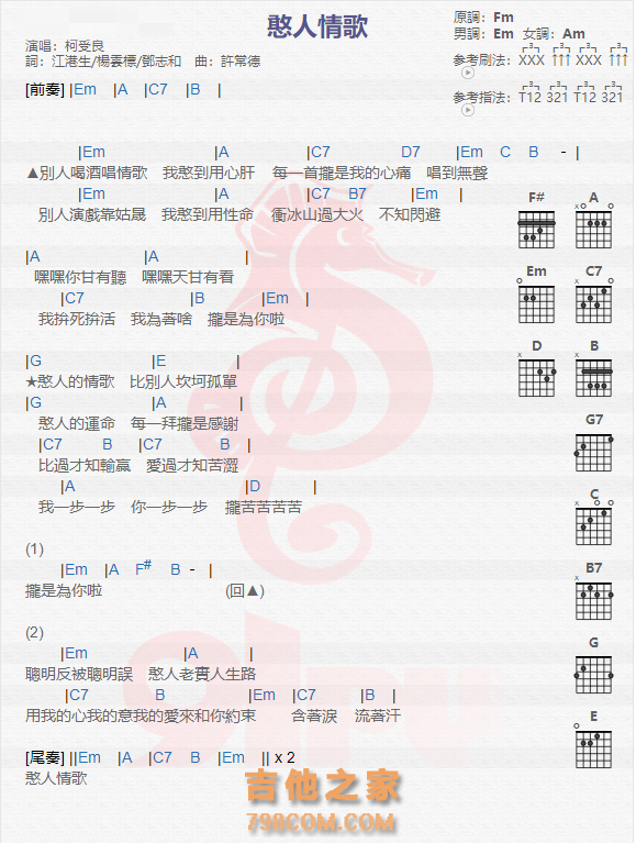 《憨人情歌吉他谱》_柯受良_吉他图片谱1张 图1