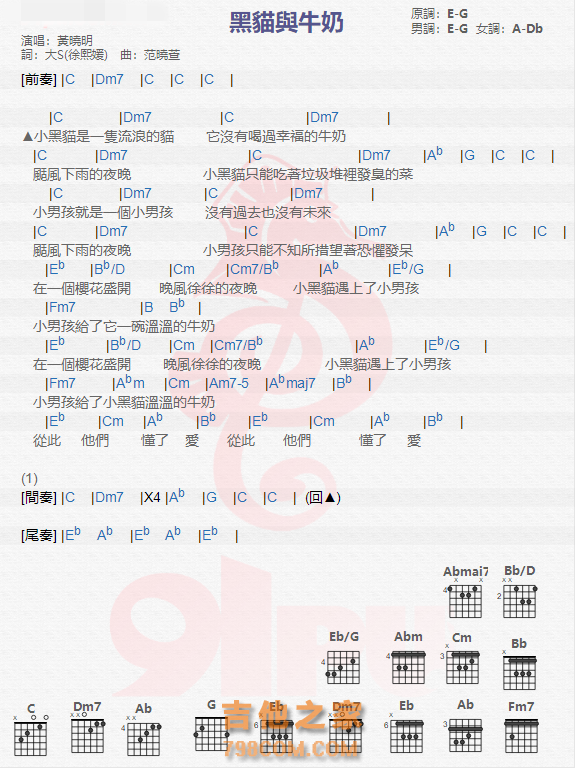 《黑猫与牛奶吉他谱》_黄晓明_吉他图片谱1张 图1