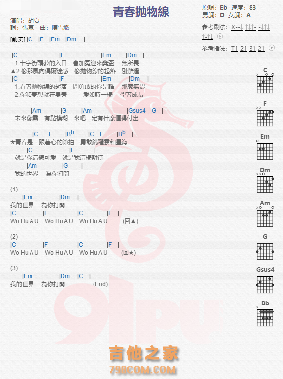 《青春抛物线吉他谱》_胡夏_吉他图片谱1张 图1