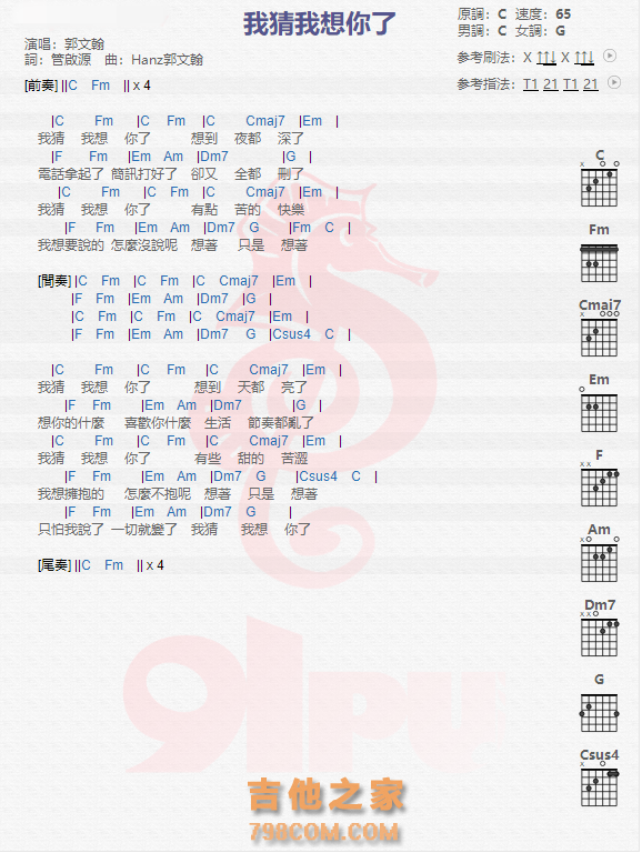 《我猜我想你了吉他谱》_郭文瀚_吉他图片谱1张 图1