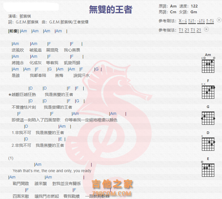 《无双的王者吉他谱》_邓紫棋_吉他图片谱2张 图1