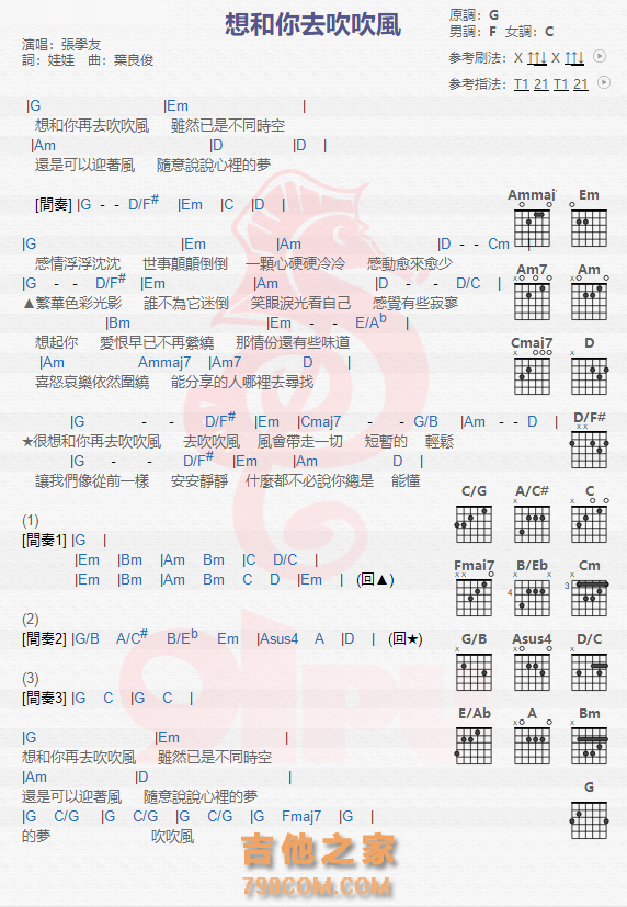 《想和你去吹吹风吉他谱》_张学友_吉他图片谱1张 图1