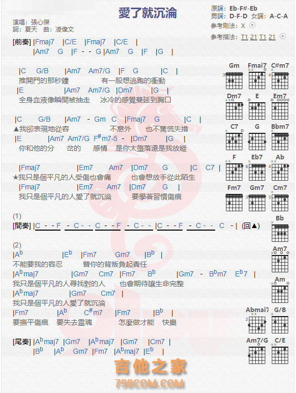 《爱了就沉沦吉他谱》_张心杰_吉他图片谱1张 图1