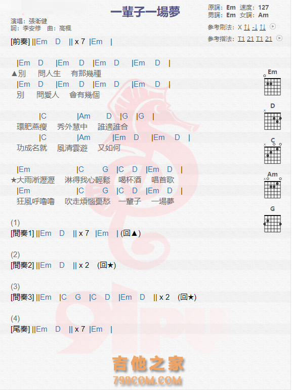 《一辈子一场梦吉他谱》_张卫健_吉他图片谱1张 图1