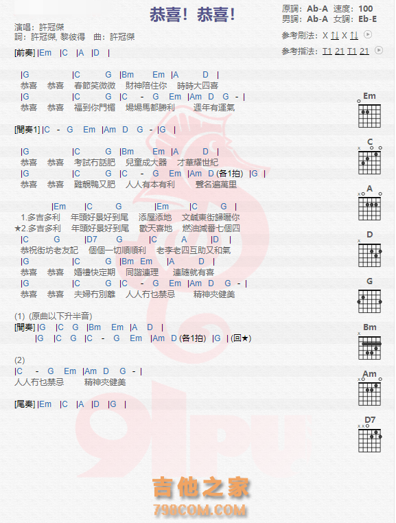 《恭喜！恭喜！吉他谱》_许冠杰_吉他图片谱1张 图1