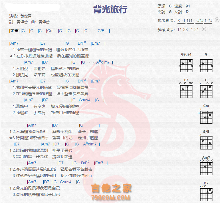 《背光旅行吉他谱》_黄伟晋_吉他图片谱2张 图1