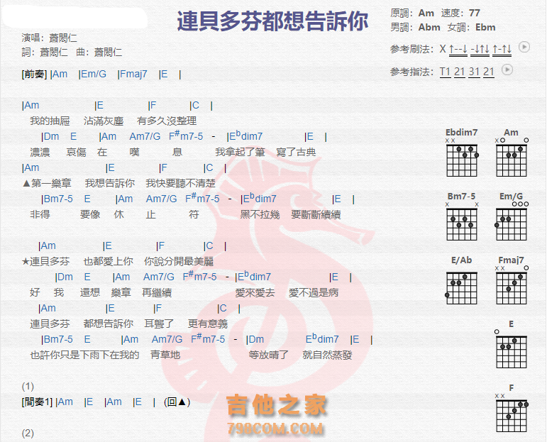 《连贝多芬都想告诉你吉他谱》_萧闳仁_吉他图片谱2张 图1