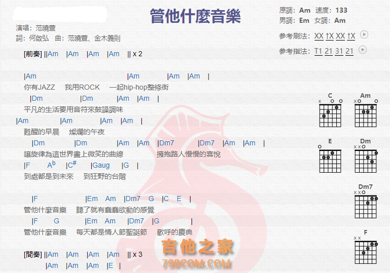 《管他什么音乐吉他谱》_范晓萱_吉他图片谱2张 图1