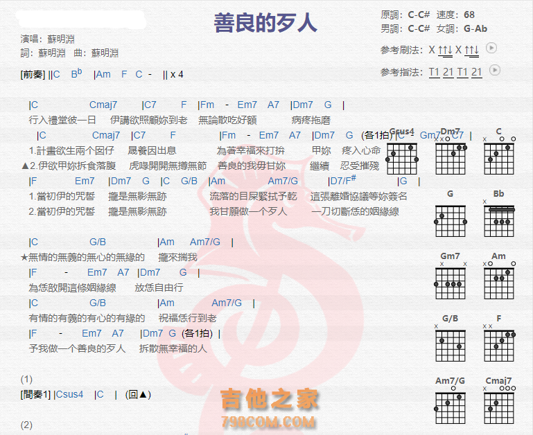 《善良的歹人吉他谱》_苏明渊_吉他图片谱2张 图1