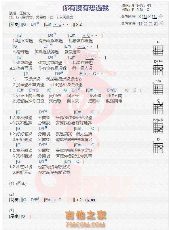 《你有没有想过我吉他谱》_王博文_吉他图片谱1张 图1