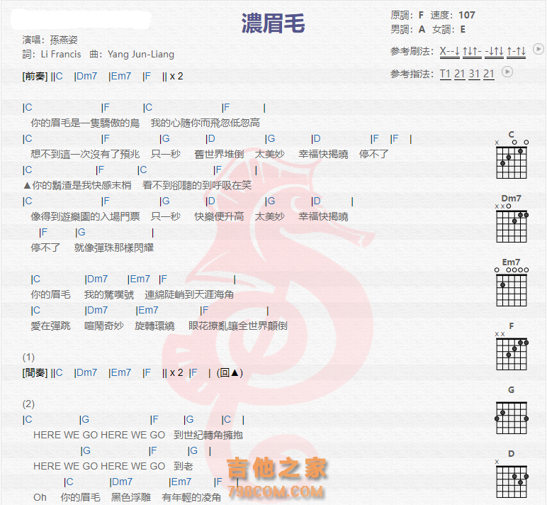 《浓眉毛吉他谱》_孙燕姿_吉他图片谱2张 图1