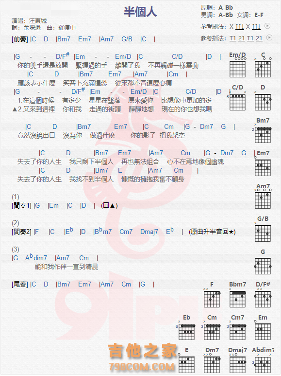 《半个人吉他谱》_汪东城_吉他图片谱1张 图1