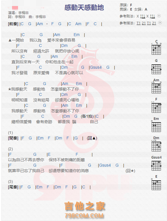 《感动天感动地吉他谱》_宇桐非_吉他图片谱1张 图1