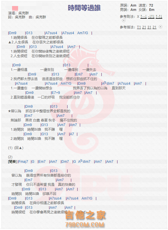 《时间等过谁吉他谱》_吴克群_吉他图片谱1张 图1